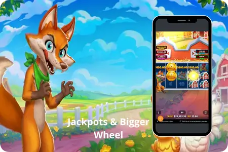 Het bonuswiel van de Bigger Barn House Bonanza slot met prijzen zoals jackpots en upgrades.